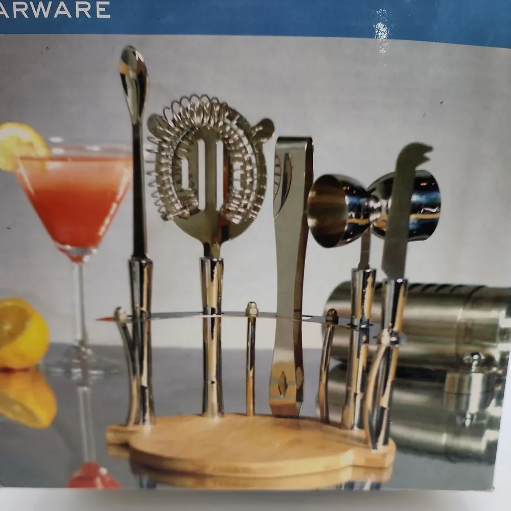Vintage Living Quarters 6 piece  Bar‎ Tool Set Bamboo Board  Stainless steel